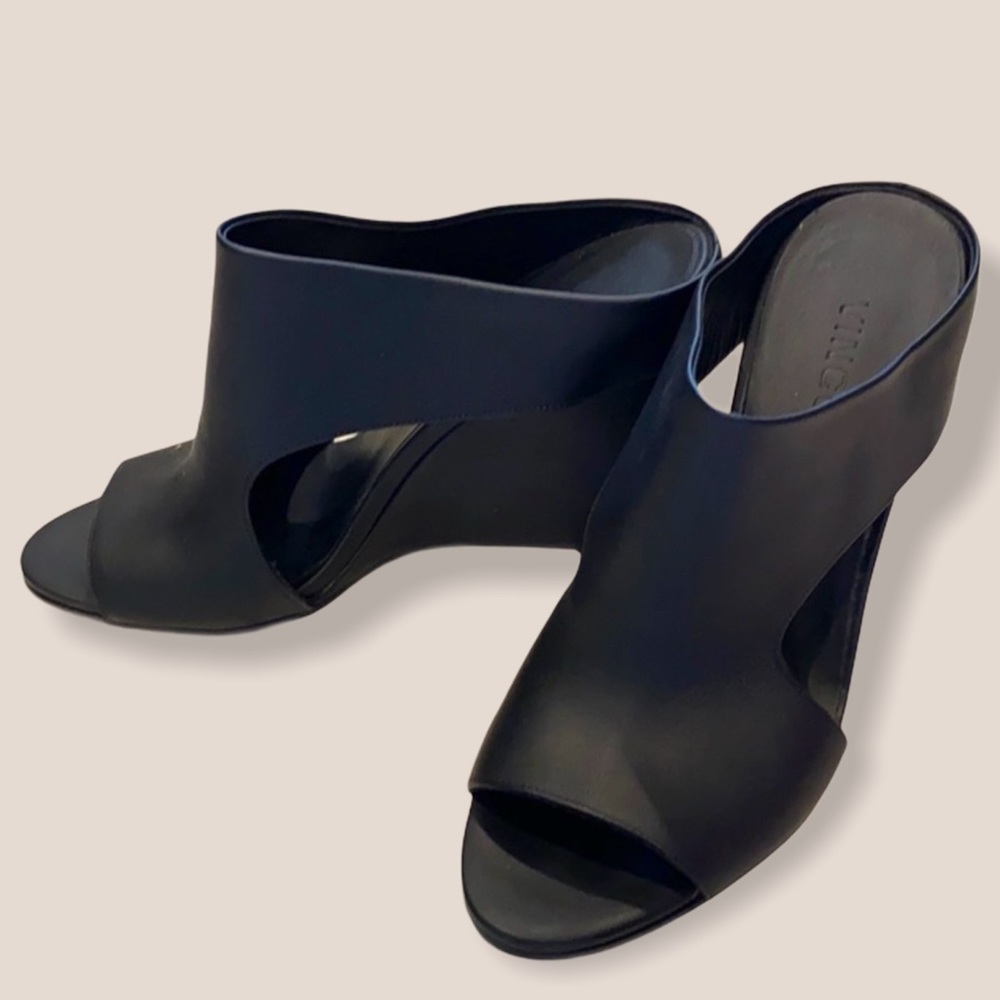 Vince black leather slide wedge sandals 4.5” heel